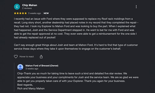 5-star Google Review of Mahon Ford of Brevard NC