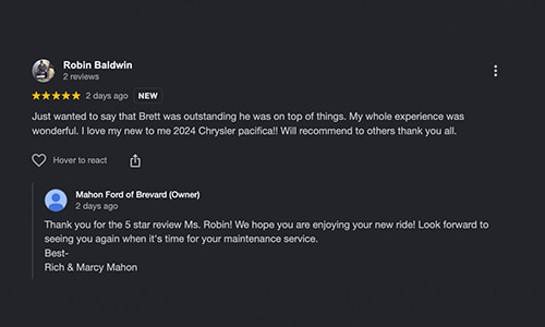 5-star Google Review of Mahon Ford of Brevard NC