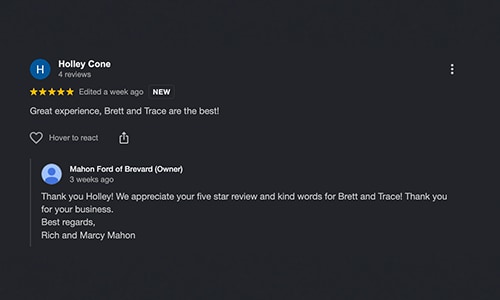 5-star Google Review of Mahon Ford of Brevard NC