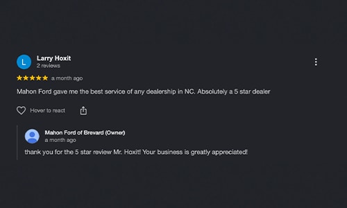 5-star Google Review of Mahon Ford of Brevard NC