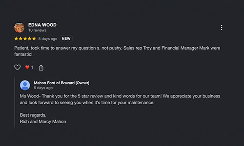 5-star Google Review of Mahon Ford of Brevard NC