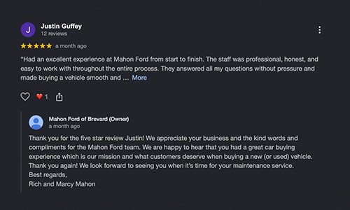 5-star Google Review of Mahon Ford of Brevard NC