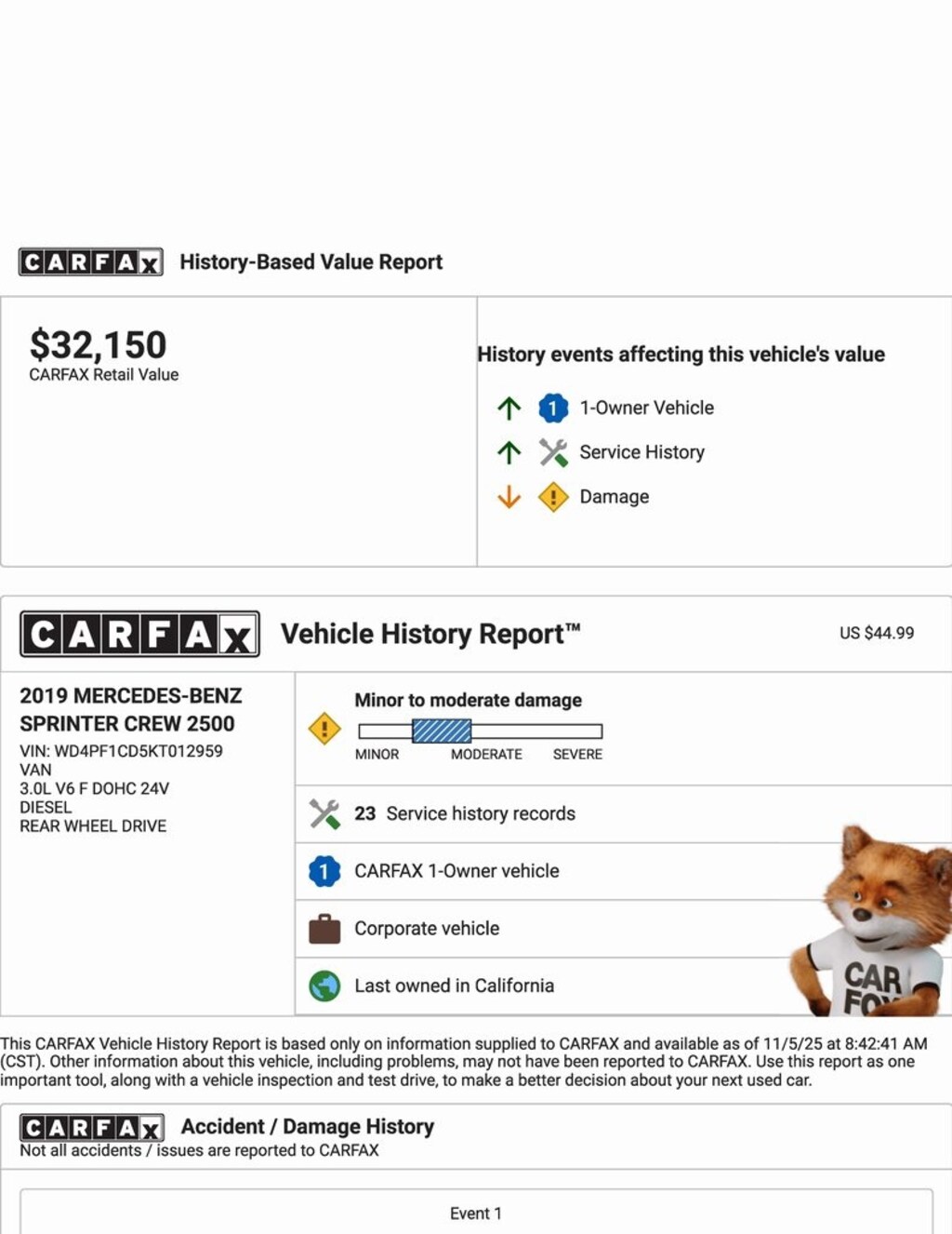 Used 2019 Mercedes-Benz Sprinter 2500 Cargo 170 WB Cargo Van
