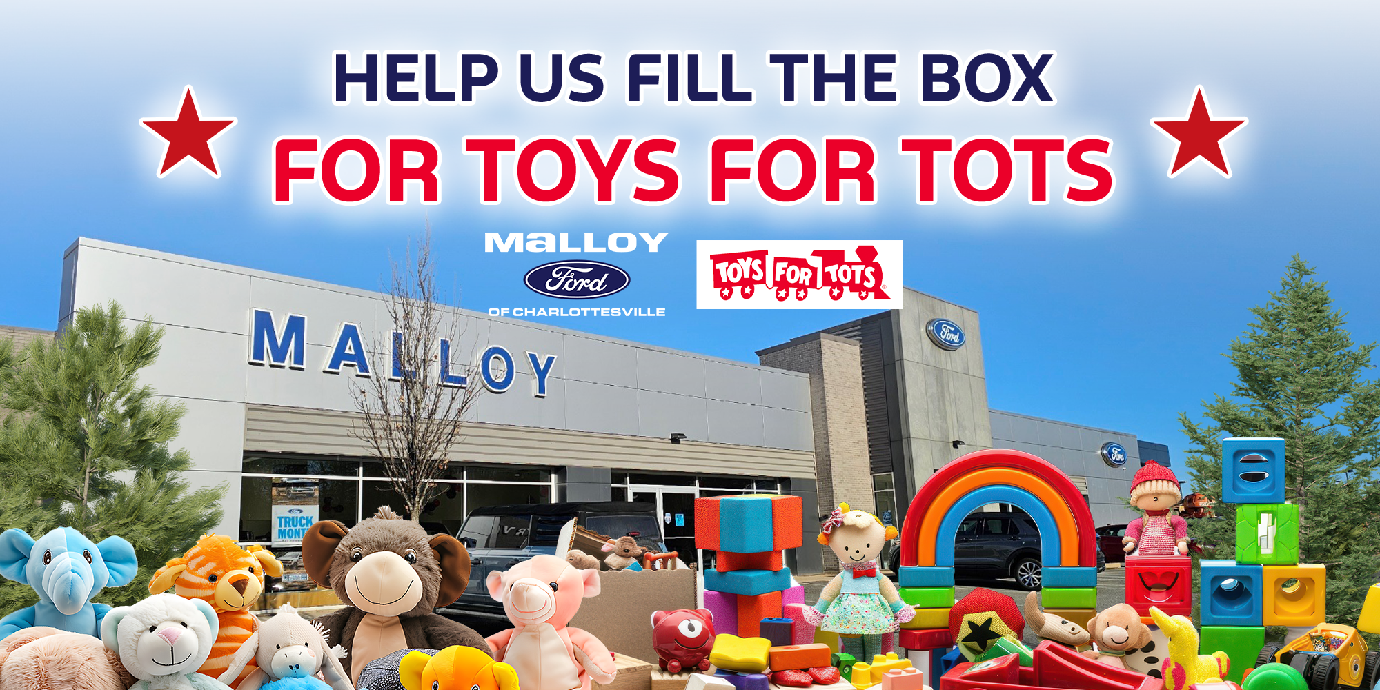 Malloy Ford of Charlottesville Toys for Tots donation box ready for new, unwrapped toys