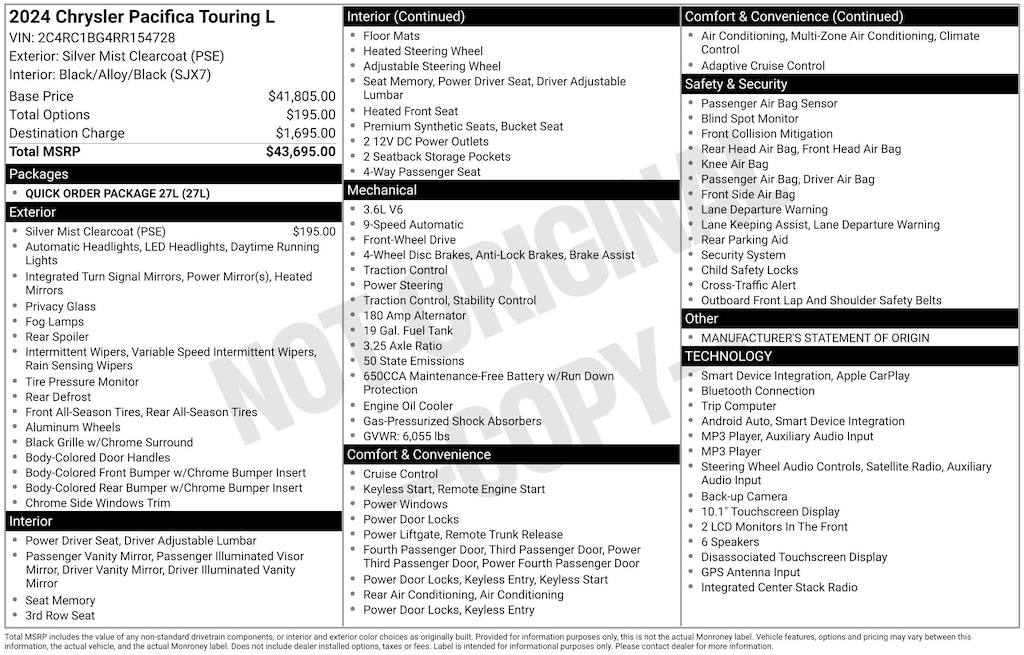 Used 2024 Chrysler Pacifica Touring L Van Passenger Van