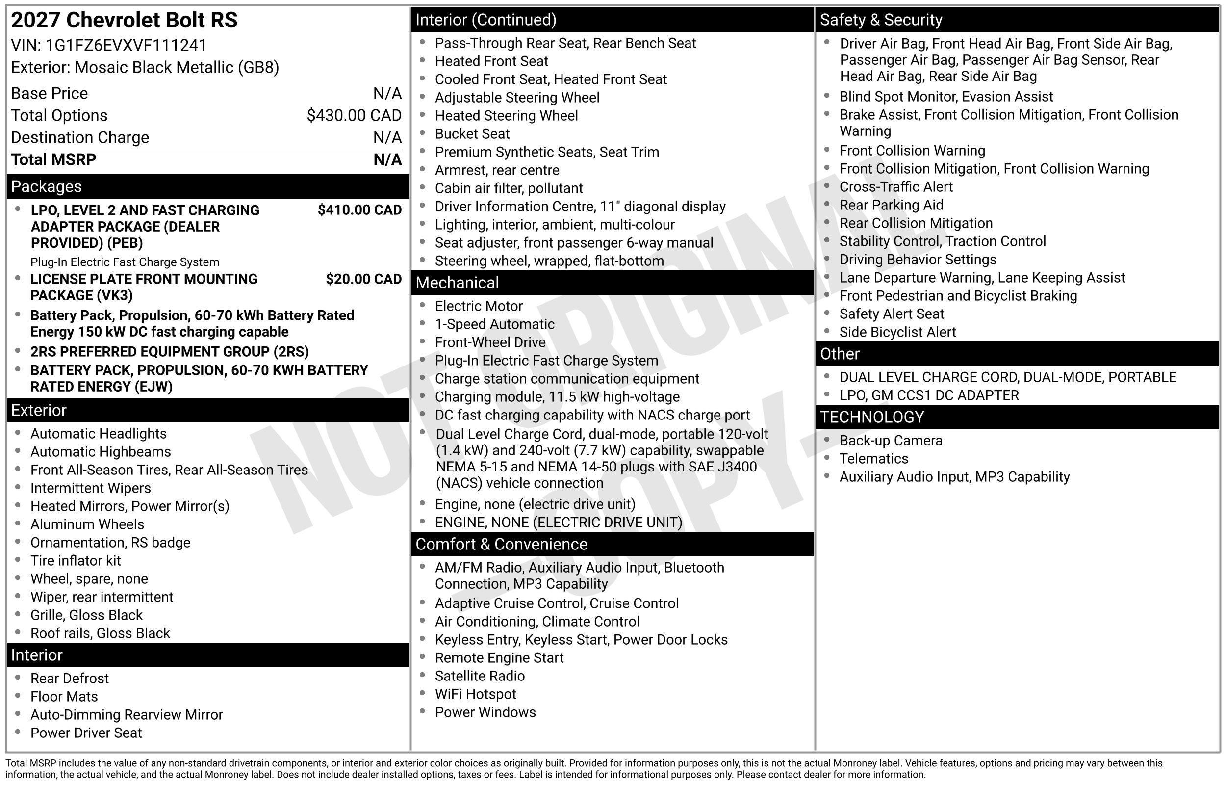 Used 2027 Chevrolet Bolt RS with VIN 1G1FZ6EVXVF111241 for sale in Stow, OH