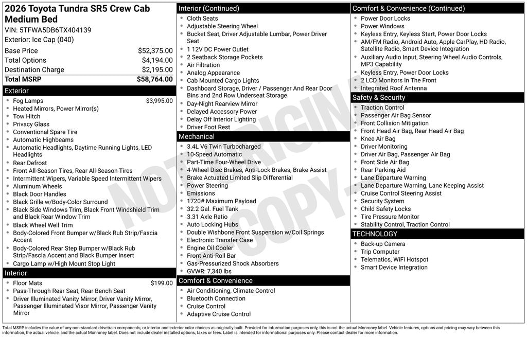 New 2026 Toyota Tundra SR5 SR5 CREWMAX 5.5
