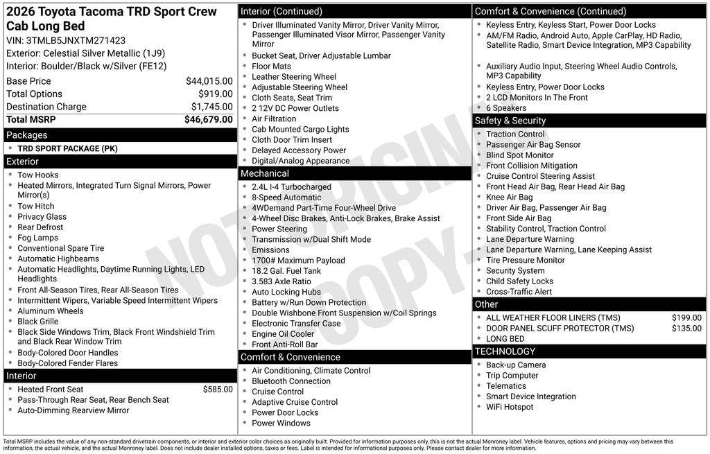 New 2026 Toyota Tacoma TRD Sport 4X4 DBL CAB LONG BED