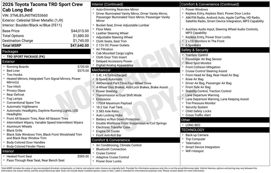 New 2026 Toyota Tacoma TRD Sport 4X4 DBL CAB LONG BED