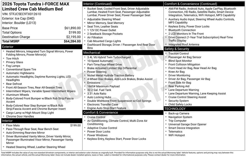 New 2026 Toyota Tundra i-FORCE MAX Limited LIMITED CREWMAX 6.5