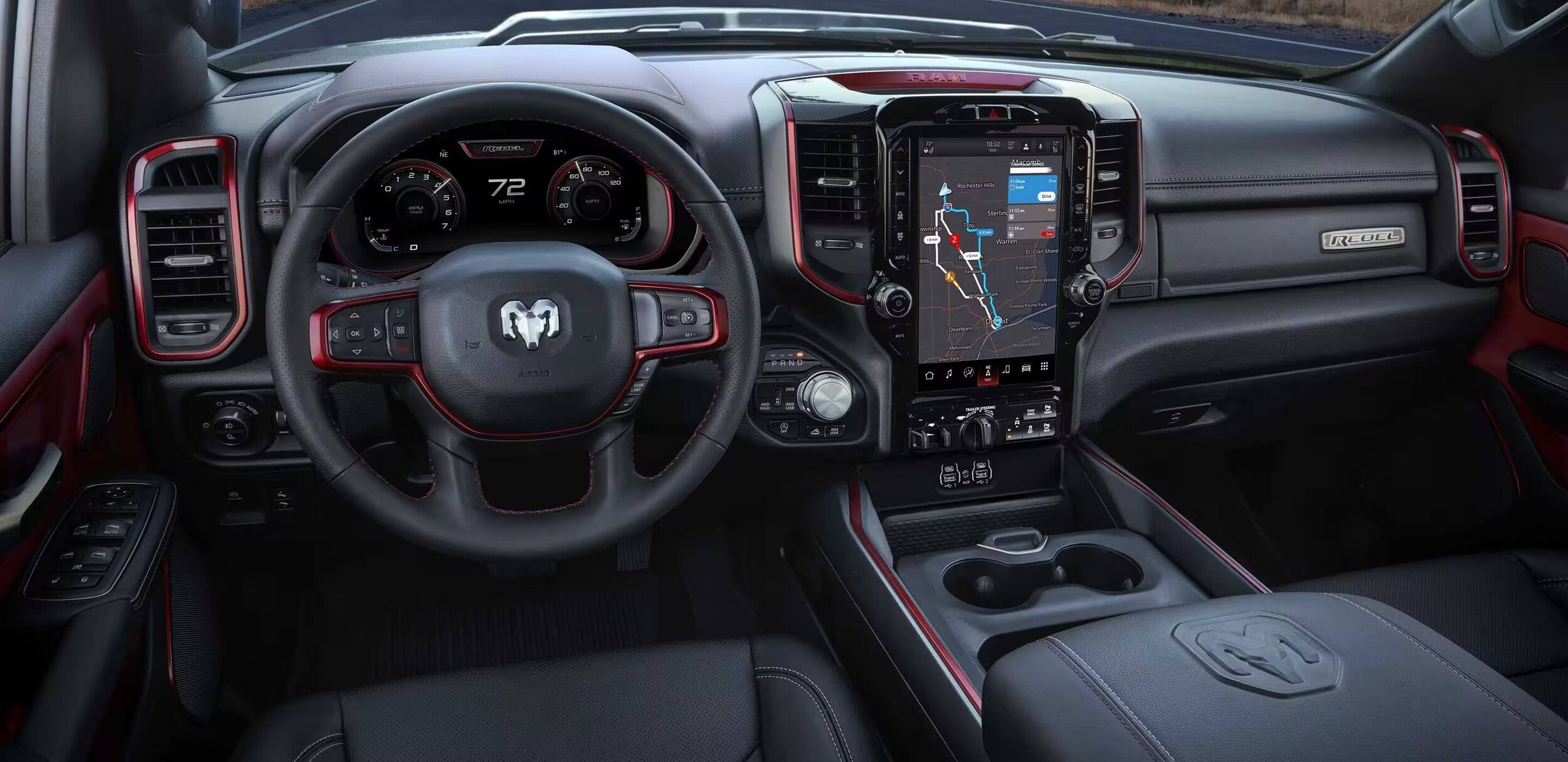 Learn which Ram models feature a heated steering wheel, likethe Ram 1500 Interior shot of the Ram 1500, showing the steering wheel, dashboard, and various controls.