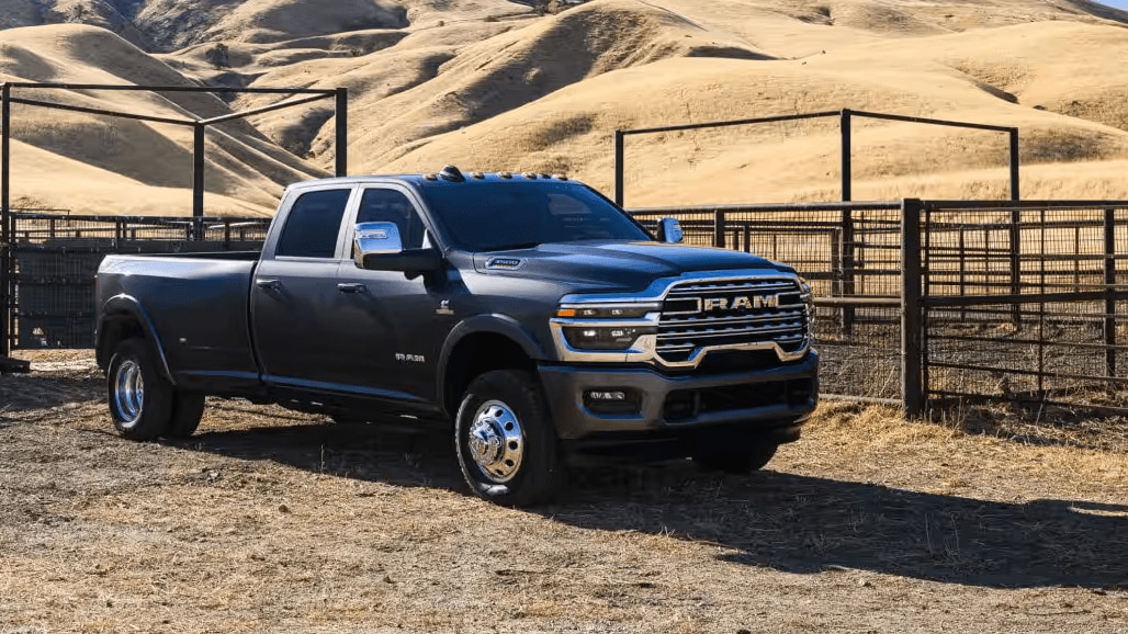 Exterior shot of a Ram 3500 parked on a ranch