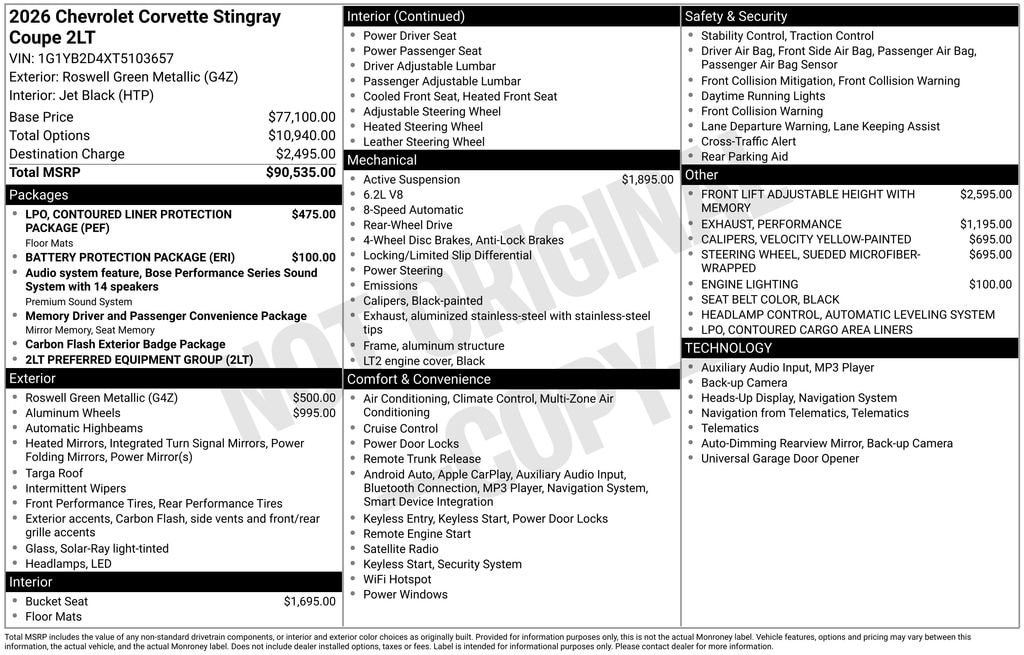 New 2026 Chevrolet Corvette Stingray 2LT Coupe