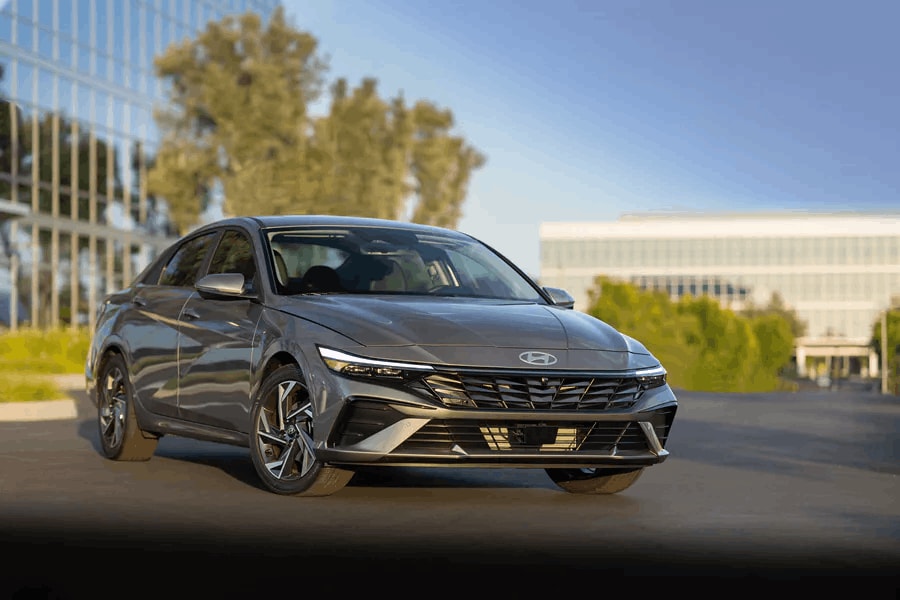 Front three-quarter view of a 2026 Hyundai Elantra Hybrid