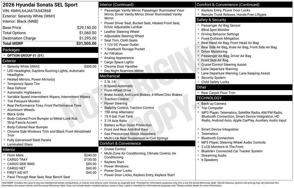 New 2026 Hyundai Sonata SEL Sport Sedan