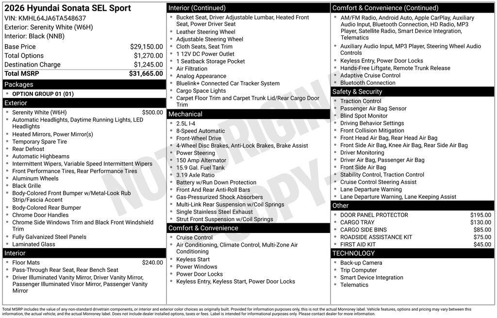 New 2026 Hyundai Sonata SEL Sport Sedan