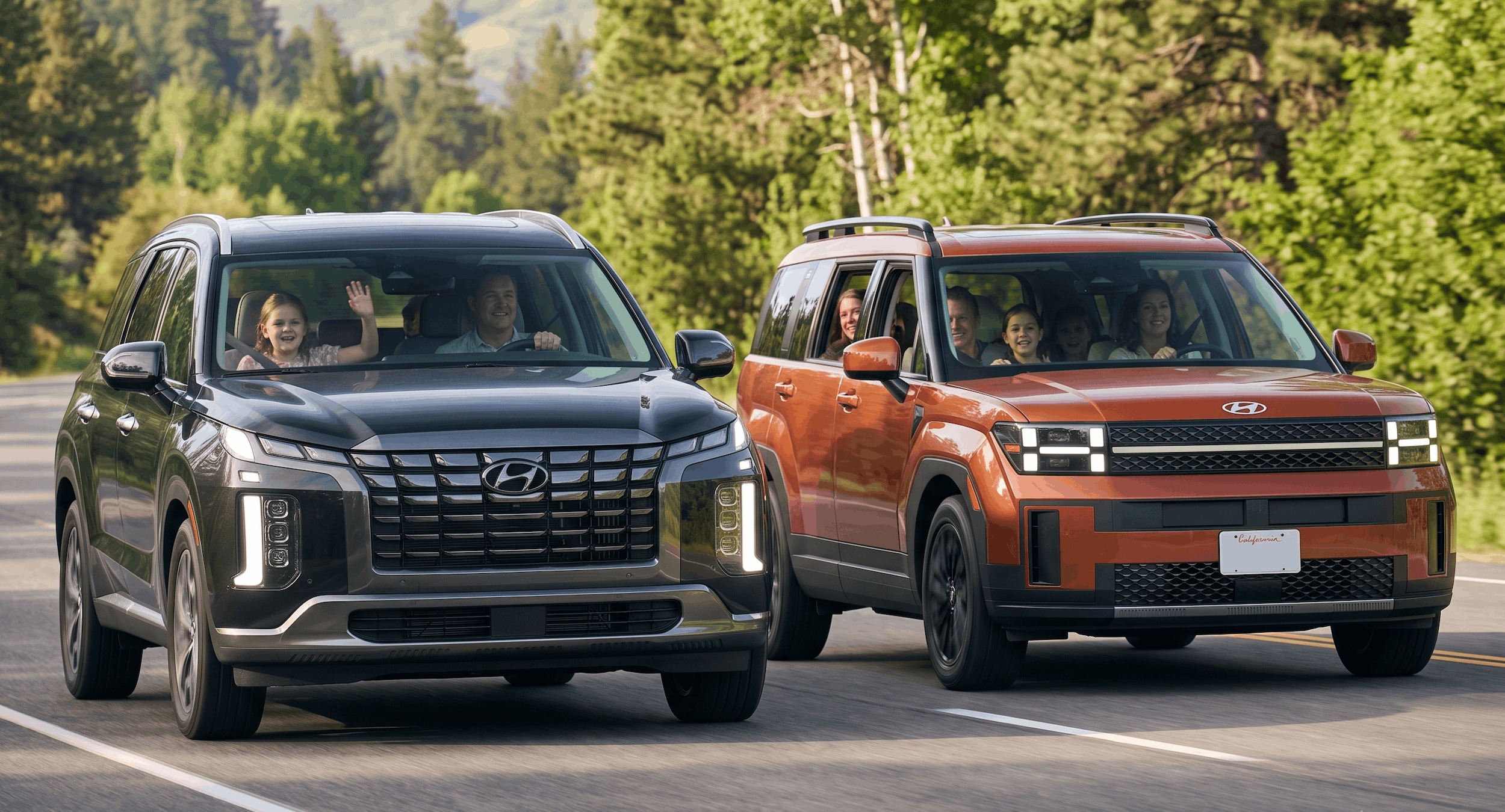 2026 Hyundai Palisade and 2026 Hyundai Santa Fe driving side by side for a family SUV comparison at Matt Bowers Hyundai Metairie
