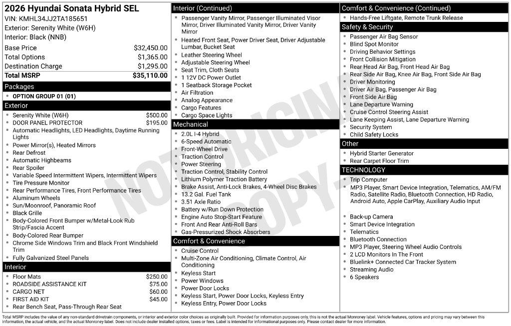 New 2026 Hyundai Sonata Hybrid SEL Sedan