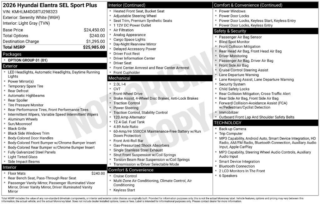New 2026 Hyundai Elantra SEL Sport Sedan