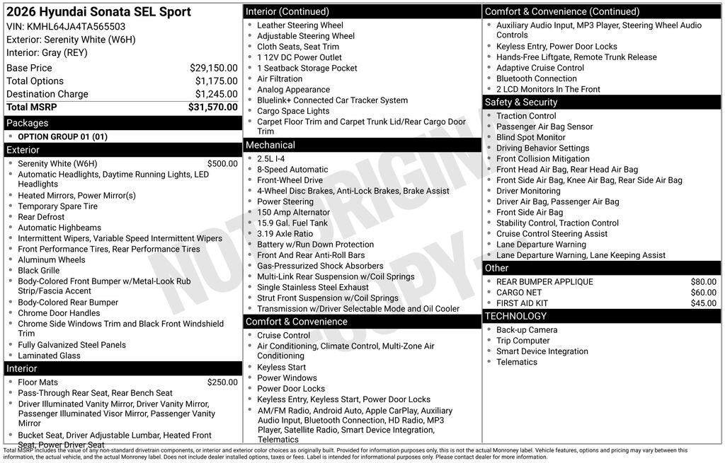 New 2026 Hyundai Sonata SEL Sport Sedan