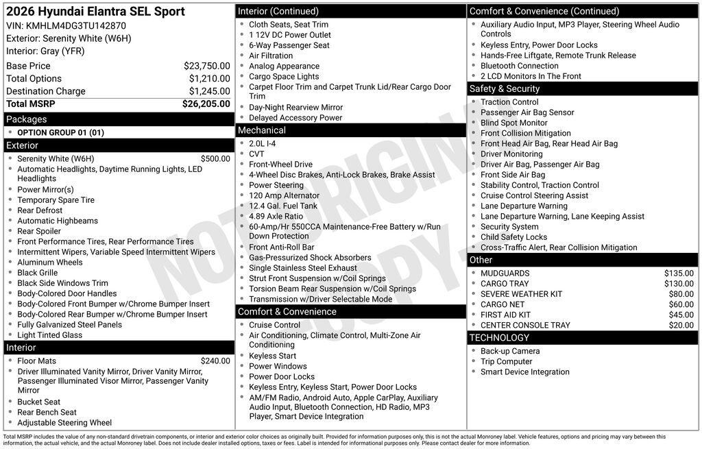 New 2026 Hyundai Elantra SEL Sport Sedan