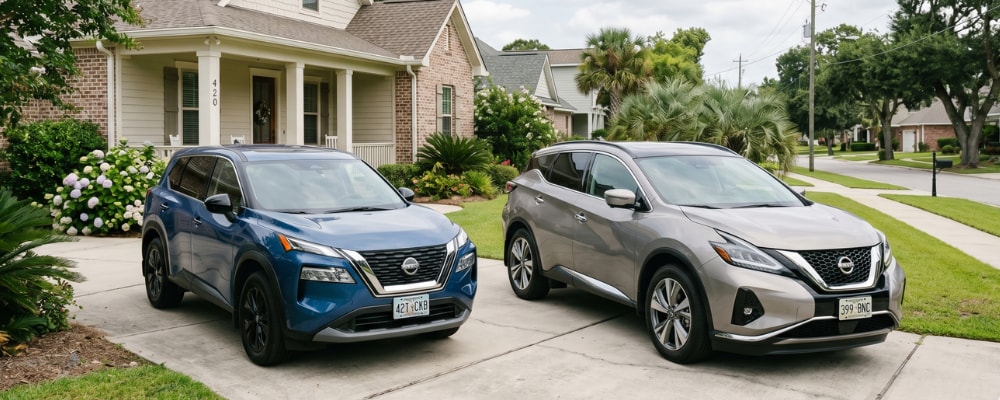 2026 Nissan Rogue and 2026 Nissan Murano side by side in a residential Gulfport driveway