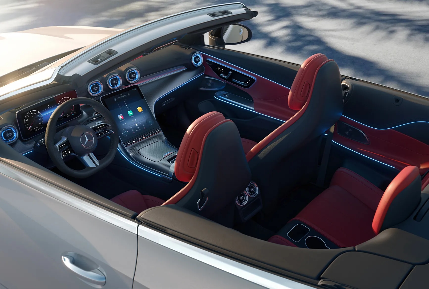 Overhead view of a 2026 Mercedes-Benz CLE 300 Cabriolet with the top down