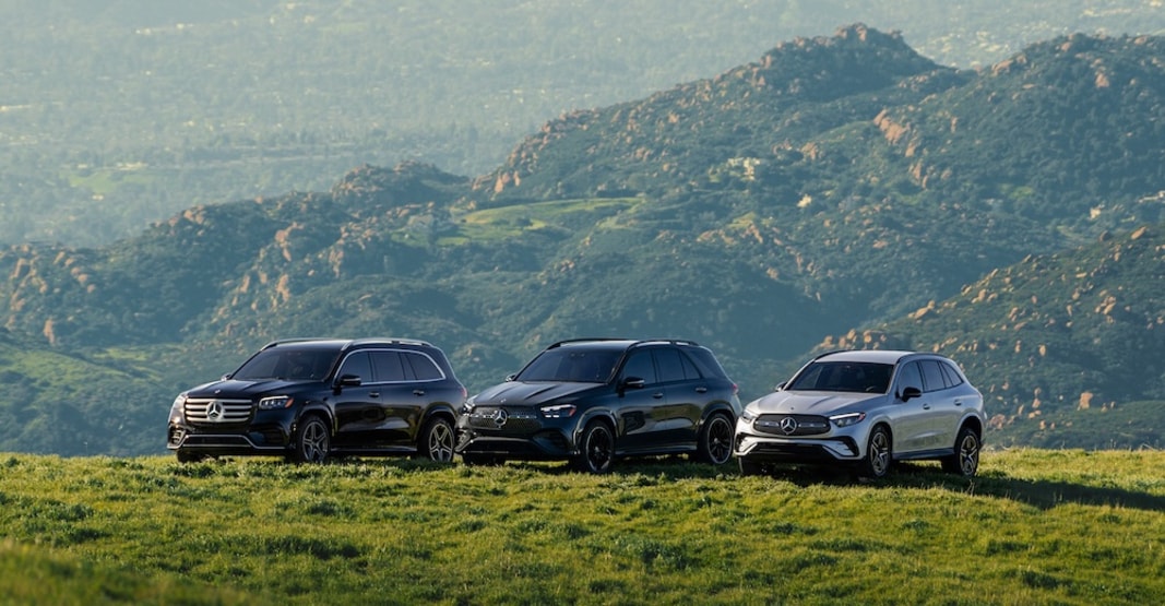 Three Mercedes-Benz SUVs parked on a grassy hill