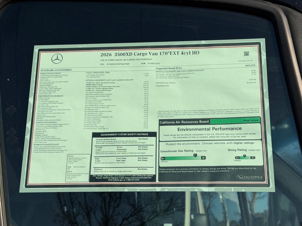 New 2026 Mercedes-Benz Sprinter 3500 XD Cargo 170 WB Van Extended Cargo Van