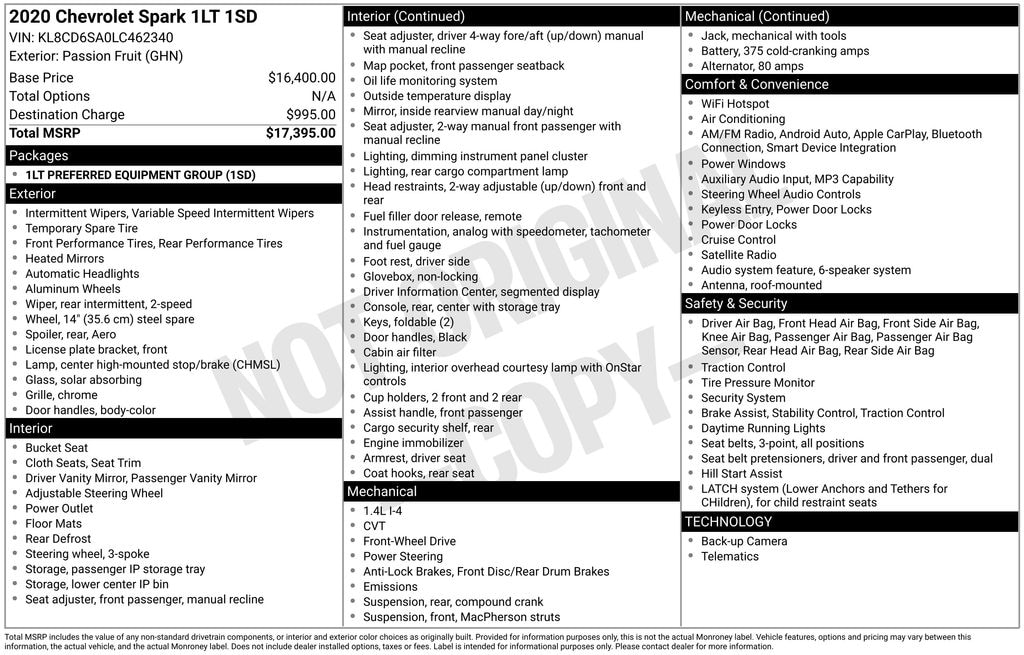 Certified 2020 Chevrolet Spark 1LT Hatchback