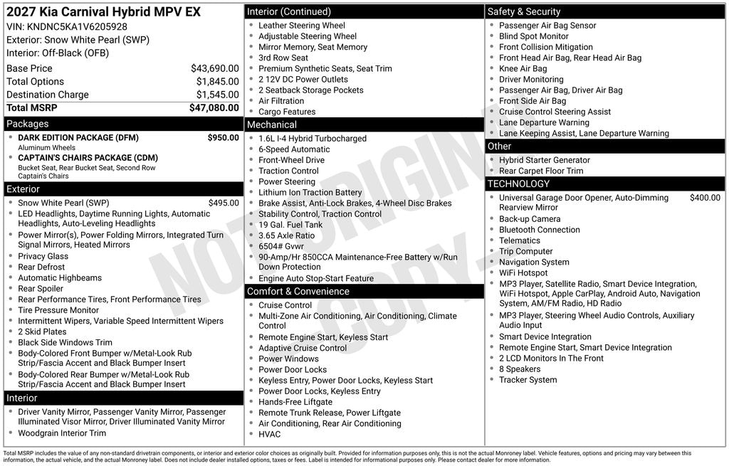 New 2027 Kia Carnival Hybrid EX Van Passenger Van
