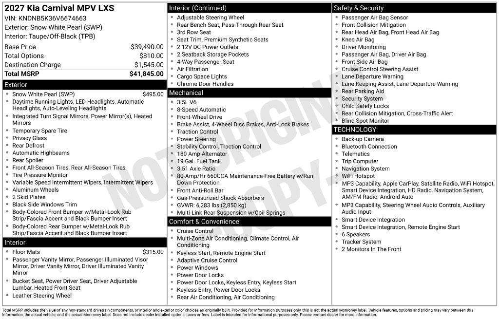 New 2027 Kia Carnival LXS Van Passenger Van