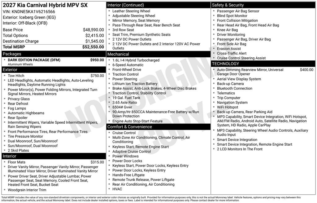 New 2027 Kia Carnival Hybrid SX Van Passenger Van