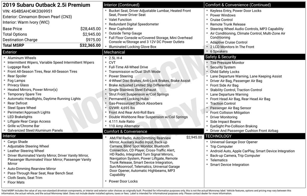 Used 2019 Subaru Outback Premium with VIN 4S4BSAHC4K3369951 for sale in North Hampton, NH