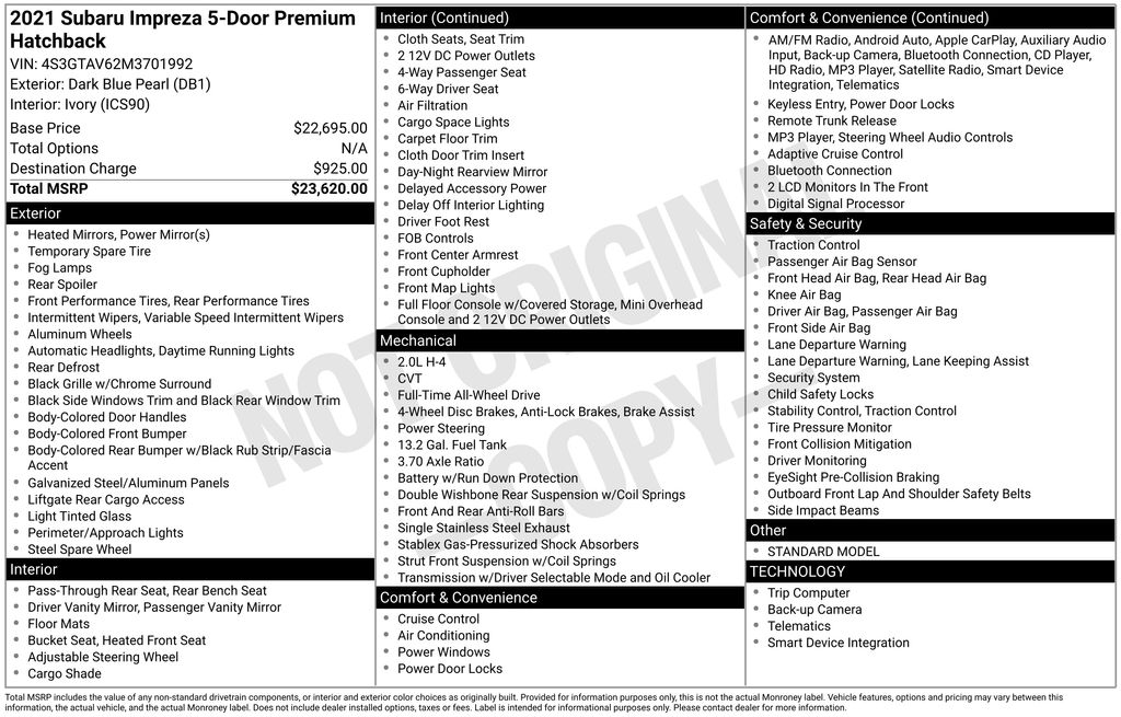 Used 2021 Subaru Impreza Premium with VIN 4S3GTAV62M3701992 for sale in North Hampton, NH