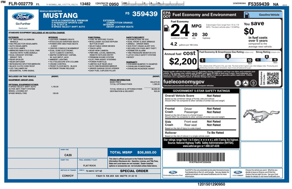 Used 2015 Ford Mustang EcoBoost Premium with VIN 1FATP8UH4F5359439 for sale in North Hampton, NH