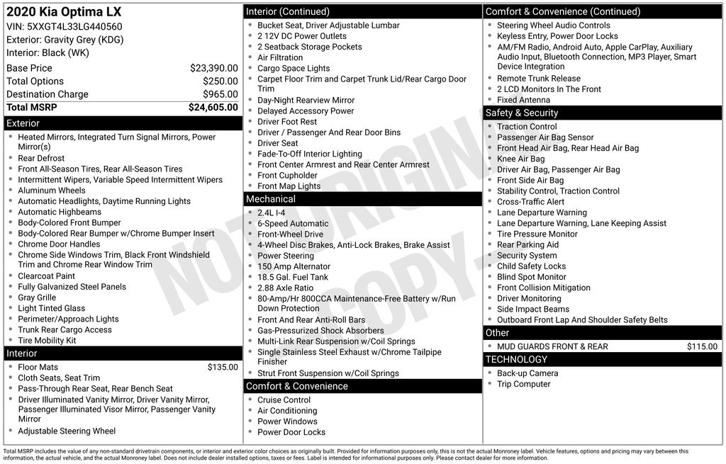 Used 2020 Kia Optima LX with VIN 5XXGT4L33LG440560 for sale in North Hampton, NH