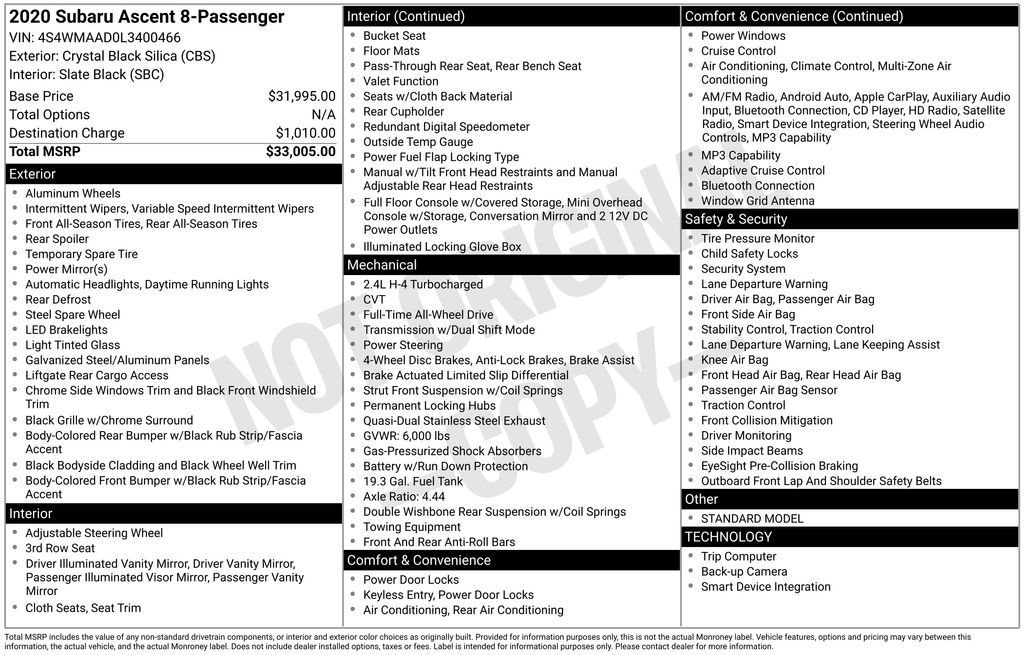 Used 2020 Subaru Ascent Base with VIN 4S4WMAAD0L3400466 for sale in North Hampton, NH