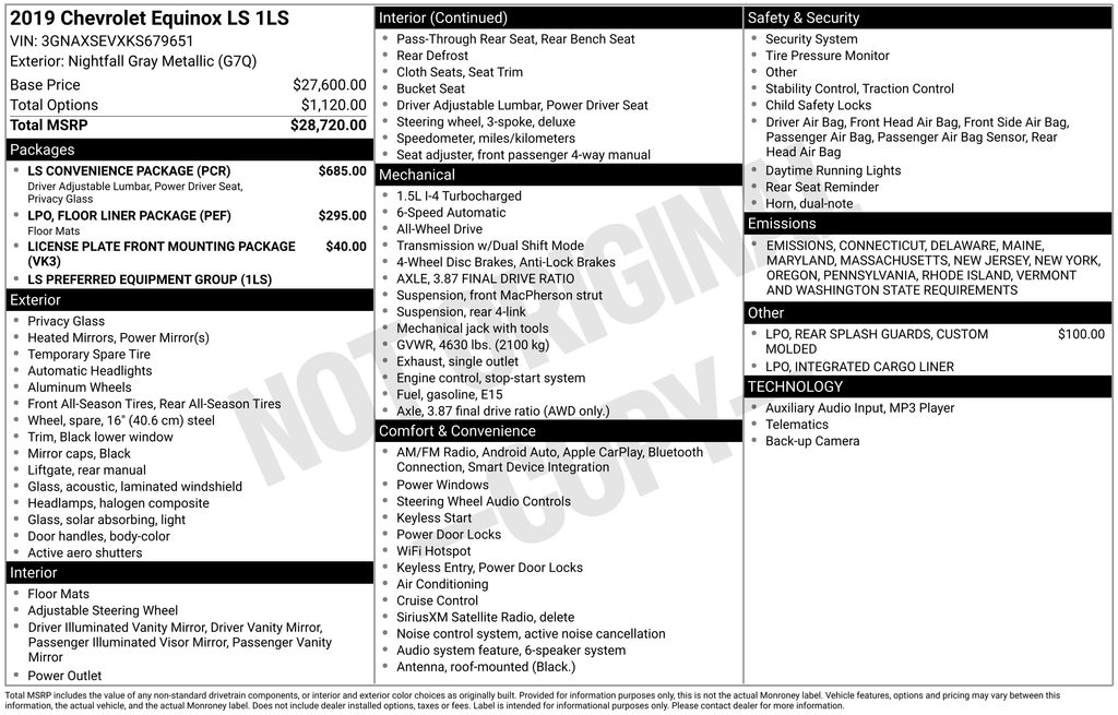 Used 2019 Chevrolet Equinox LS with VIN 3GNAXSEVXKS679651 for sale in North Hampton, NH