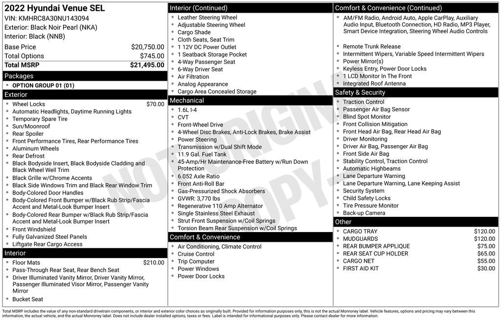 Used 2022 Hyundai Venue SEL with VIN KMHRC8A30NU143094 for sale in North Hampton, NH