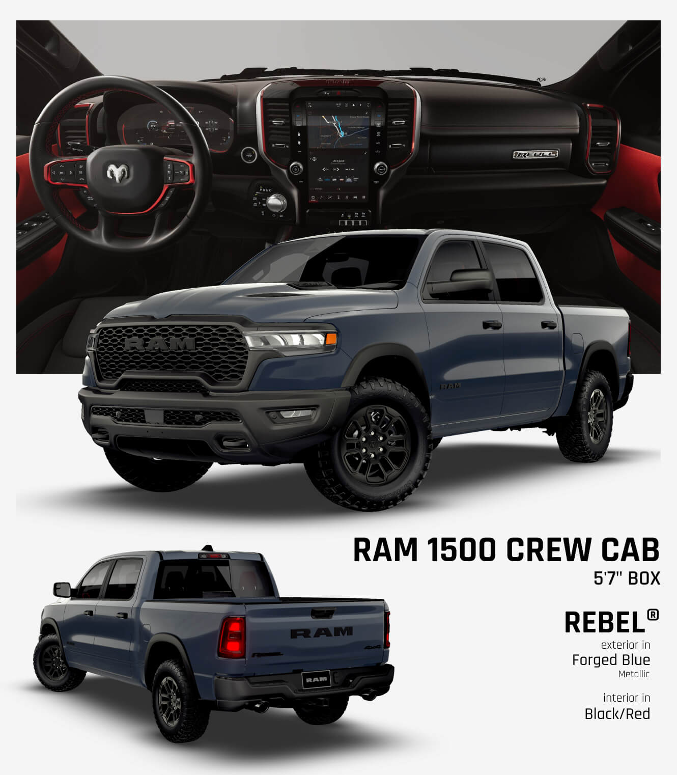 Interior dashboard view and two exterior shots of a 2026 Ram 1500 Rebel Crew Cab in Forged Blue with black and red interior