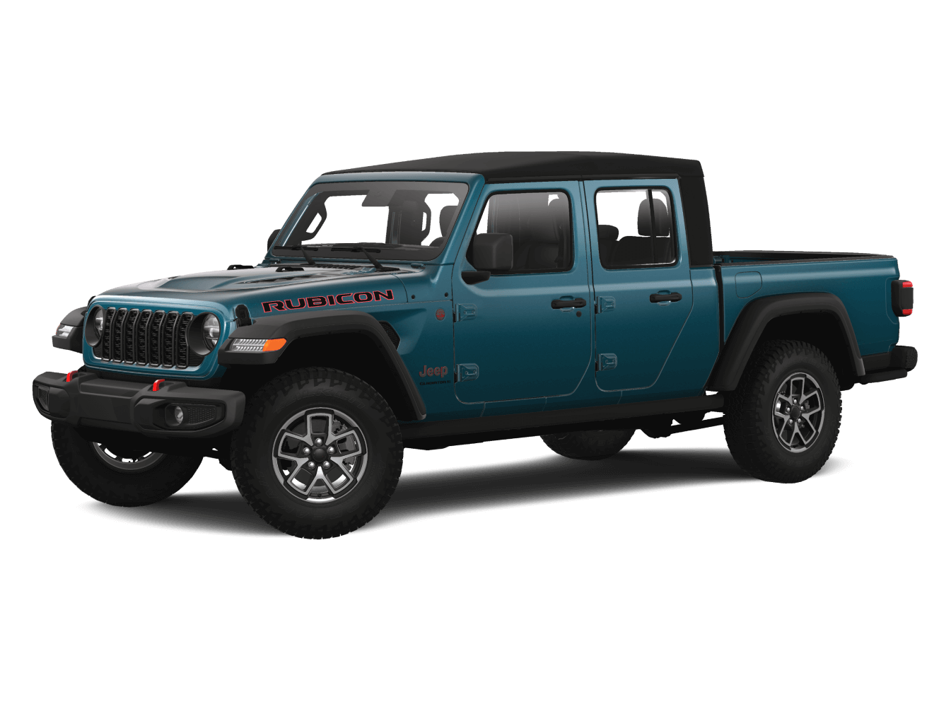 2025 Jeep Gladiator Rubicon in Fathom Blue Pearl-Coat with 17-inch painted black wheels and all-terrain tires