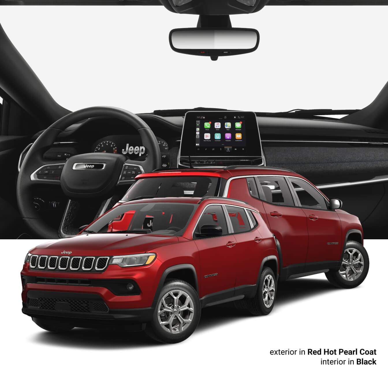 Front exterior, back exterior, and dashboard view of a 2025 Jeep Compass Latitude 4x4 shown in Red Hot Pearl Coat