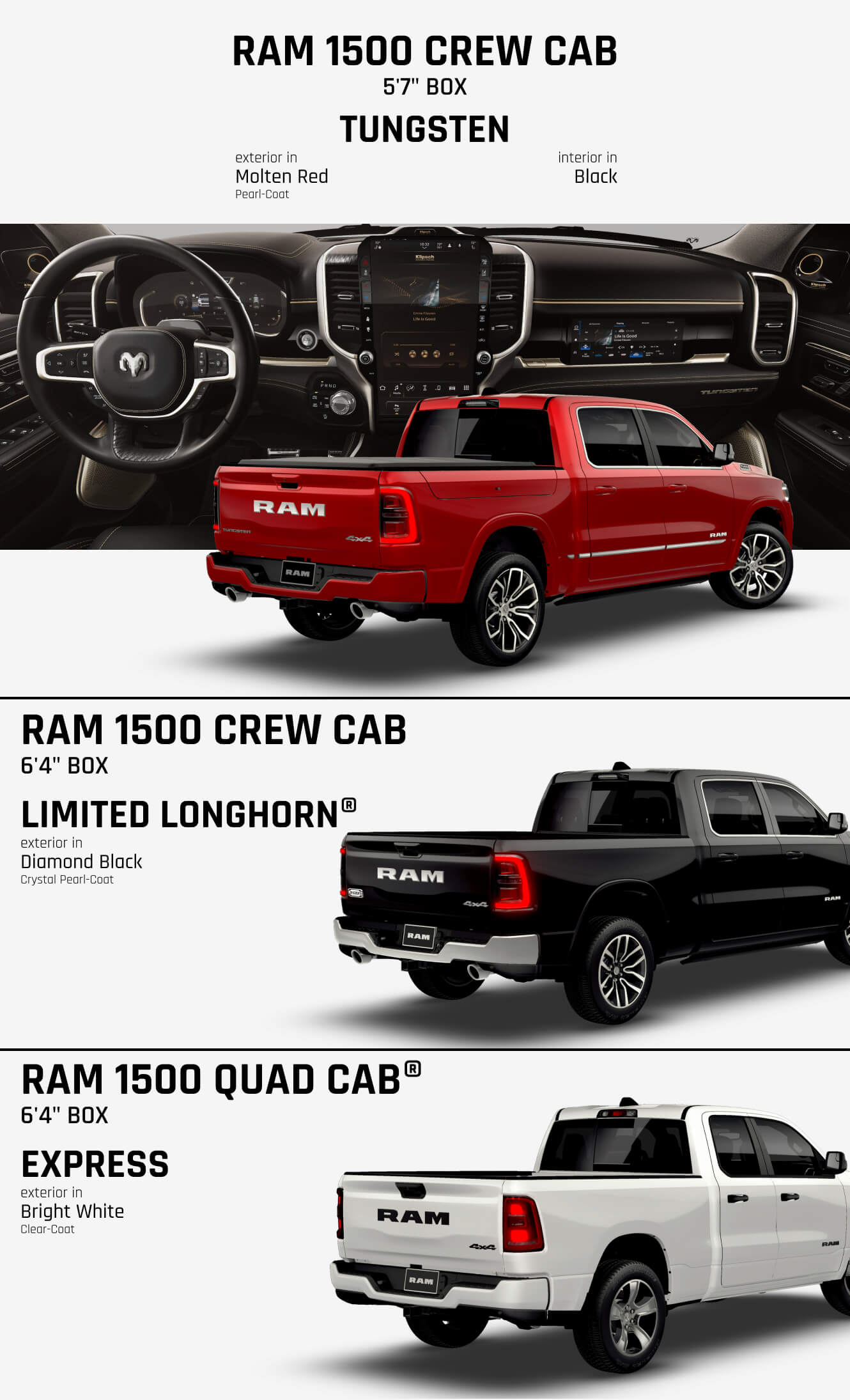 Interior view of a 2026 Ram 1500 Truck and the exterior view of 3 different trims in red, black, and white