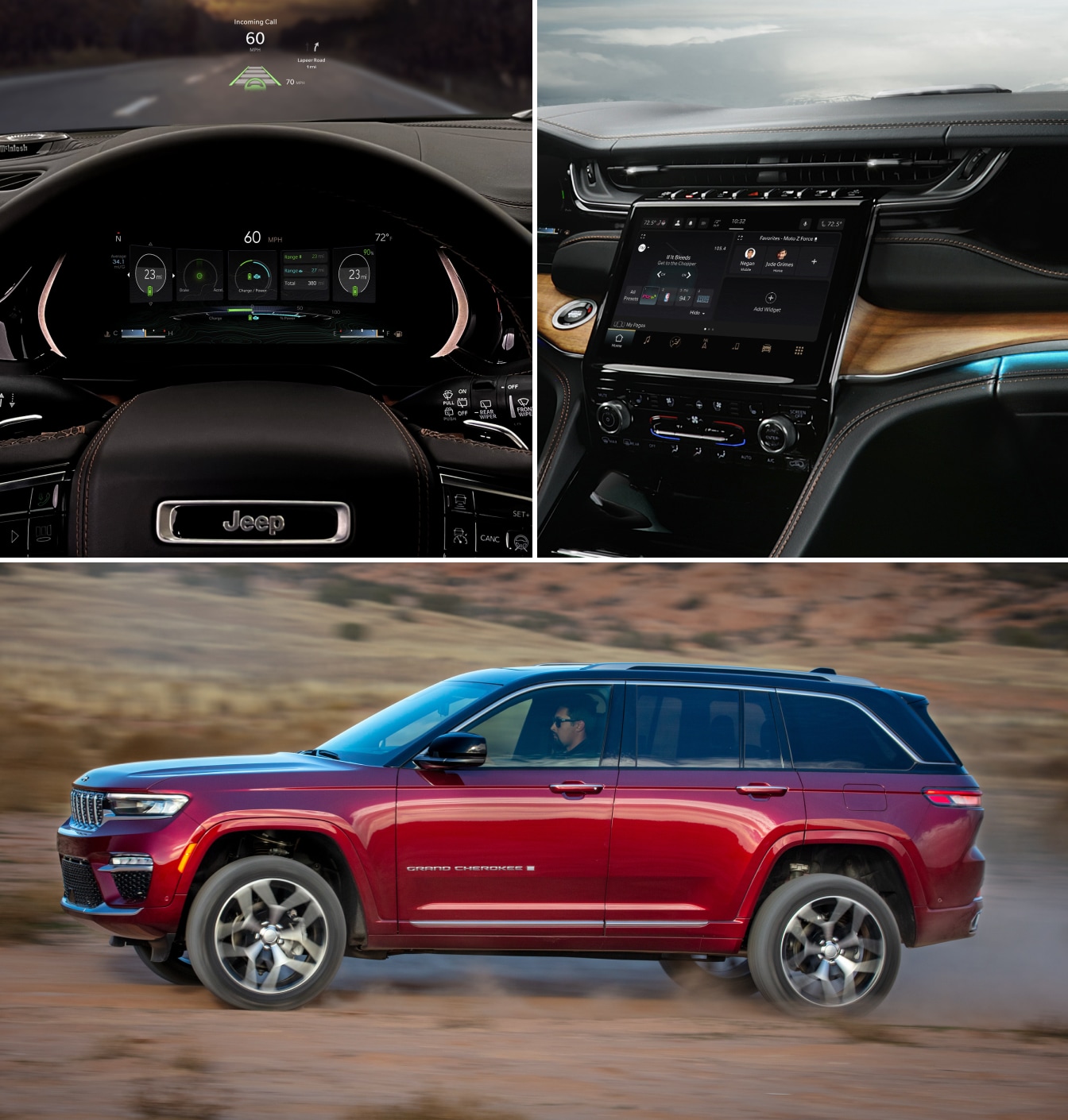3 views of a 2025 Jeep Grand Cherokee Summit Reserve; top-left: steering wheel and instrument panel, top-right: center dashboard view, bottom: exterior side view of the SUV driving off-road on desert terrain