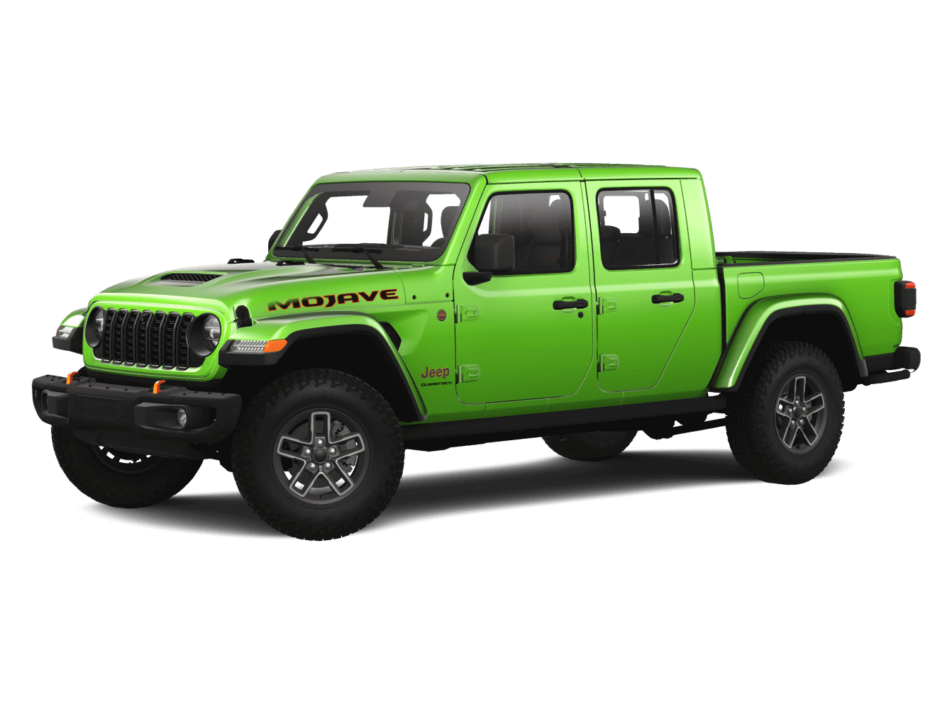 2025 Jeep Gladiator Mojave X in Mojito Green with 17-inch dark gray painted wheels and Falken Wildpeak AT3W all-terrain tires