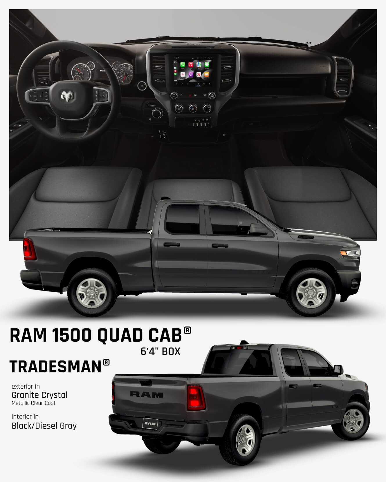 Interior dashboard view and two exterior shots of a 2026 Ram 1500 Tradesmen Quad Cab in Granite Crystal with black interior