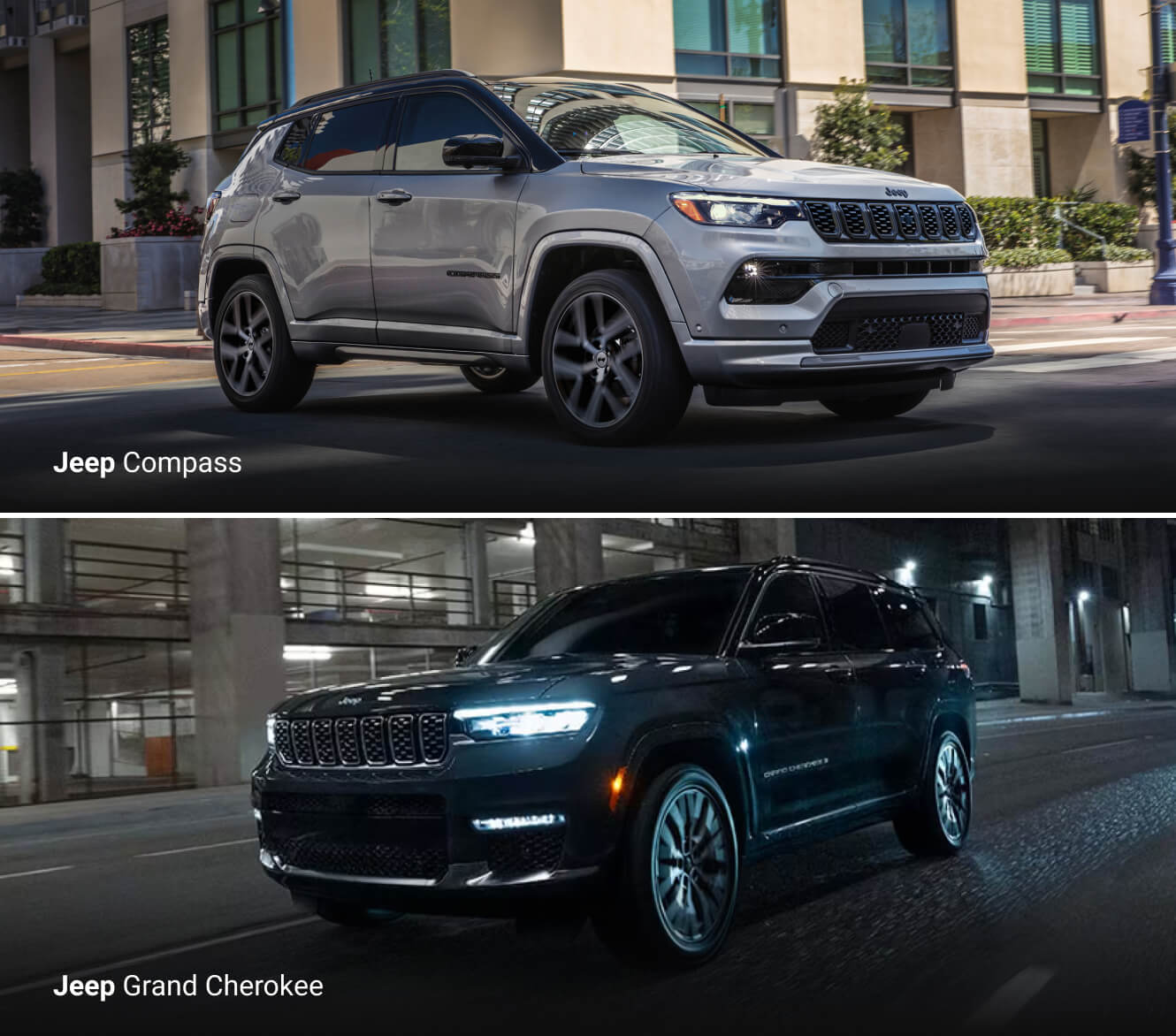 2025 Jeep Compass Limited with High Altitude package in Silver Synith and a 2025 Grand Cherokee Summit 4x4 in Diamond Black Crystal Pearl