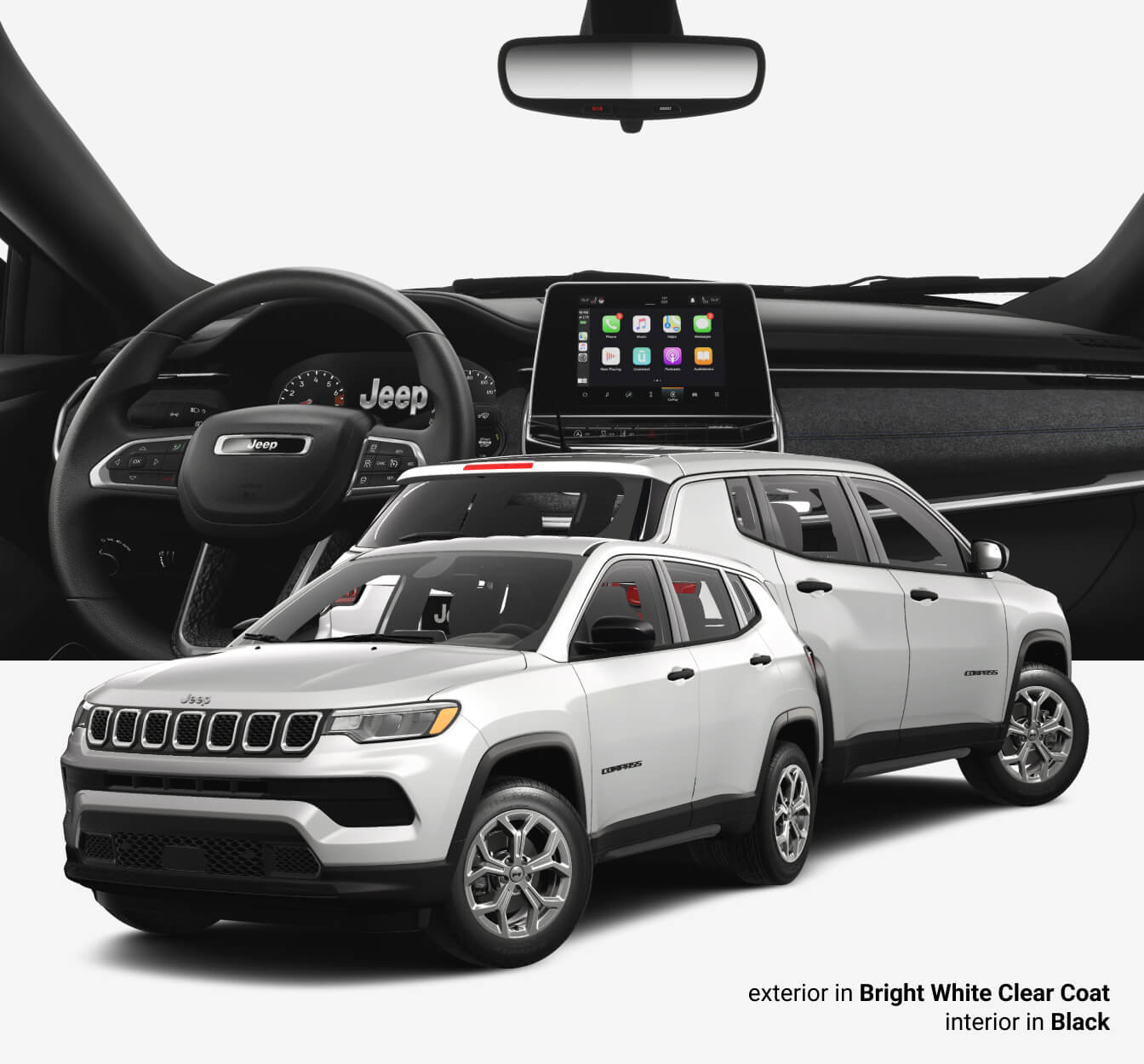 Front exterior, back exterior, and dashboard view of a 2025 Jeep Compass Sport 4x4 shown in Bright White Clear Coat
