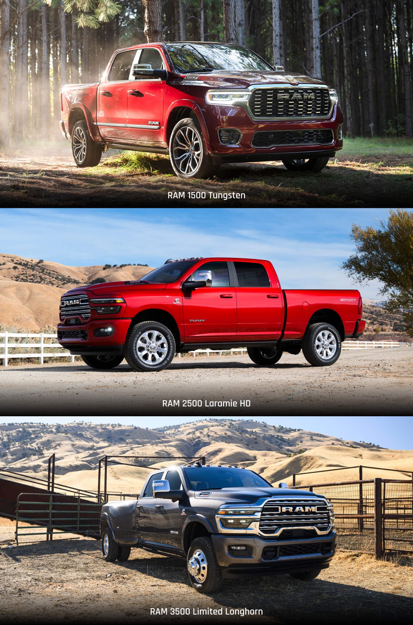 Three images - Top: 2025 Ram 1500 Tungsten in Delmonico Red, Middle: 2025 Ram 2500 Laramie HD with Sport Appearance package in Red Hot Red, Bottom: 2025 Ram 3500 Limited Longhorn